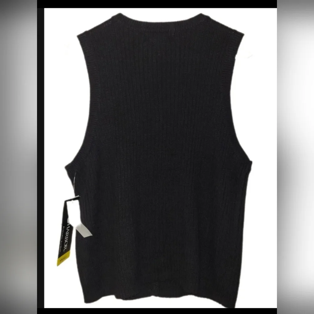 Vtg Sag Harbor Black Button Up Cable Sweater Vest Small Gold Button Academia